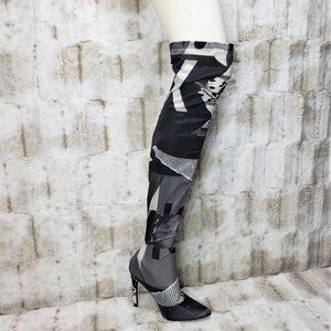 Cape Robbin Black & White Graphic Print Thigh High Stretchy Boot